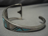 Very Unique!! Vintage Native American Zuni Turquoise Sterling Silver Inlay Bracelet Old-Nativo Arts