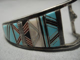 Very Unique!! Vintage Native American Zuni Turquoise Sterling Silver Inlay Bracelet Old-Nativo Arts