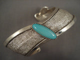 Very Unique 'Waving Tufa Casted' Native American Jewelry Silver Domed Turquoise Bracelet-Nativo Arts