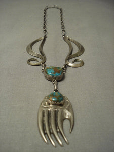 Very Very Important! Vintage Laguna Turquoise Greg Lewis Native American Jewelry Silver Hand Necklace-Nativo Arts