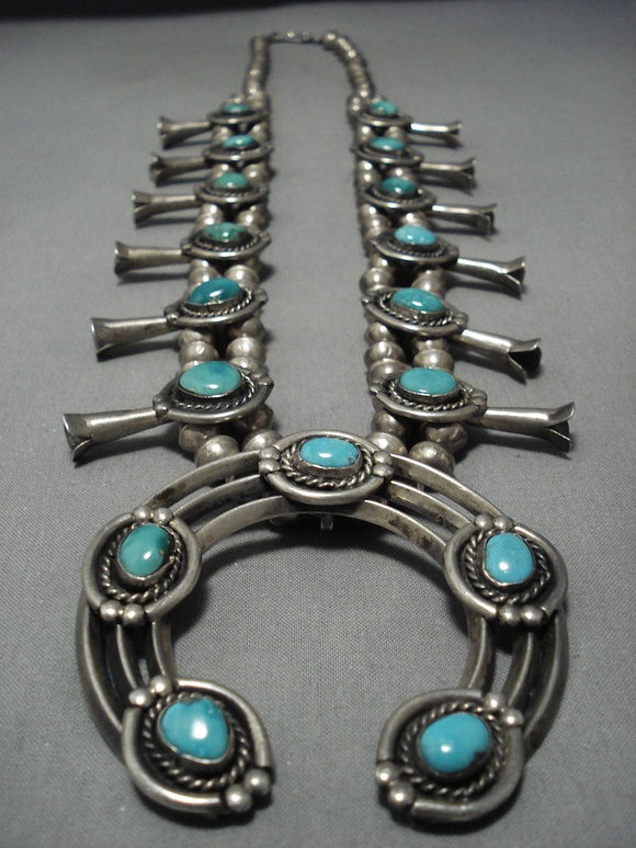 Vintage Native American Jewelry Navajo Green Turquoise Sterling Silver Squash Blossom Necklace Old-Nativo Arts