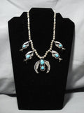 Vintage Native American Navajo Carico Lake Turquoise Sterling Silver Squash Blossom Necklace Old-Nativo Arts