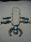 Vintage Native American Navajo Carico Lake Turquoise Sterling Silver Squash Blossom Necklace Old-Nativo Arts