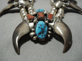 Vintage Native American Navajo Turquoise Coral Sterling Silver Squash Blossom Necklace Old-Nativo Arts