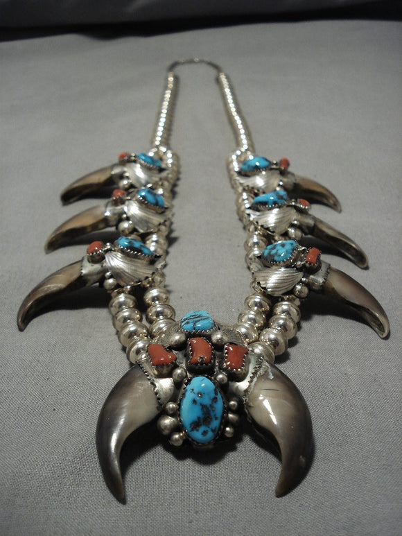 Vintage Native American Navajo Turquoise Coral Sterling Silver Squash Blossom Necklace Old-Nativo Arts