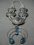 Vintage Native American Navajo Turquoise Sterling Silver Concho Squash Blossom Necklace Old-Nativo Arts