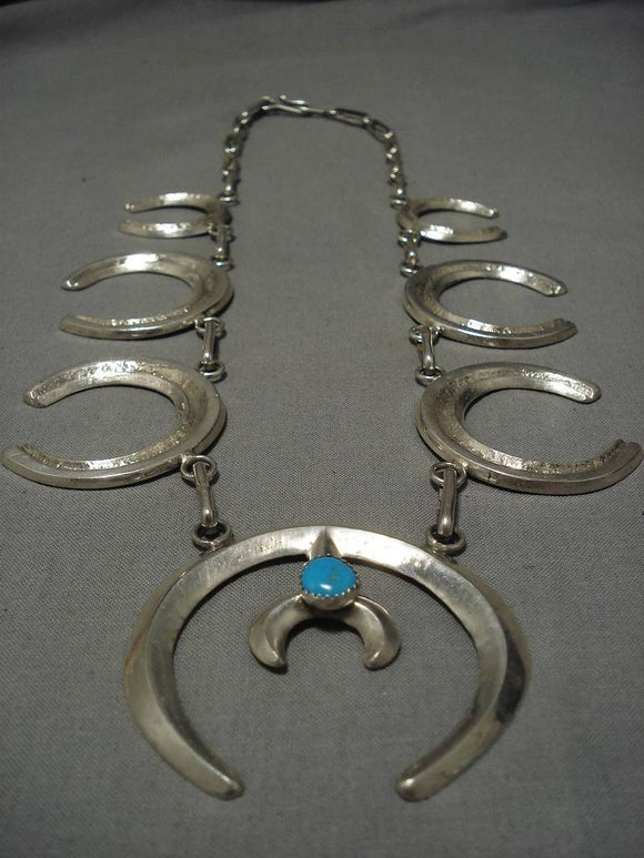 Vintage Native American Navajo Turquoise Sterling Silver Squash Blossom Necklace Old-Nativo Arts