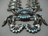 Vintage Native American Navajo Zuni Turquoise Inlay Sterling Silver Squash Blossom Necklace Old-Nativo Arts