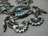 Vintage Native American Navajo Zuni Turquoise Inlay Sterling Silver Squash Blossom Necklace Old-Nativo Arts
