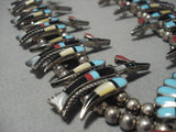 Vintage Native American Navajo Zuni Turquoise Inlay Sterling Silver Squash Blossom Necklace Old-Nativo Arts