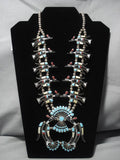 Vintage Native American Navajo Zuni Turquoise Inlay Sterling Silver Squash Blossom Necklace Old-Nativo Arts