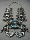 Vintage Native American Navajo Zuni Turquoise Inlay Sterling Silver Squash Blossom Necklace Old-Nativo Arts
