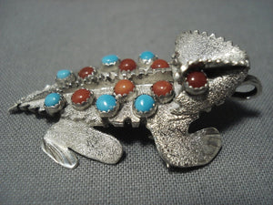 Vintage Navajo Turquoise Coral Sterling Native American Jewelry Silver Ben Yazzie Pin Pendant-Nativo Arts