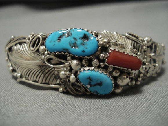 Vintage Navajo Turquoise Coral Sterling Silver Native American Bracelet Old-Nativo Arts