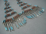 Vintage Zuni Sterling Silver Chandelier Turquoise Coral Earrings-Nativo Arts