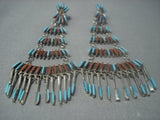 Vintage Zuni Sterling Silver Chandelier Turquoise Coral Earrings-Nativo Arts