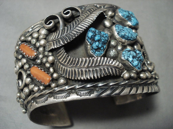 Whopping Vintage Navajo 'Elevated Native American Jewelry Silver Work' Turquoise Coral Bracelet-Nativo Arts