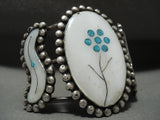 Wide And Detailed Vintage Navajo 'Flower Snake Eyes' Turquoise Native American Jewelry Silver Bracelet-Nativo Arts