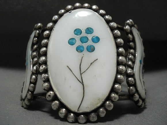 Wide And Detailed Vintage Navajo 'Flower Snake Eyes' Turquoise Native American Jewelry Silver Bracelet-Nativo Arts
