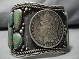 Wide Vintage Native American Navajo Royston Turquoise Sterling Silver Coin Bracelet Old-Nativo Arts