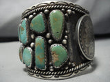 Wide Vintage Native American Navajo Royston Turquoise Sterling Silver Coin Bracelet Old-Nativo Arts