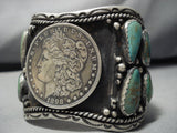 Wide Vintage Native American Navajo Royston Turquoise Sterling Silver Coin Bracelet Old-Nativo Arts
