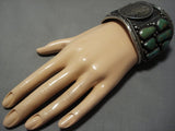 Wide Vintage Native American Navajo Royston Turquoise Sterling Silver Coin Bracelet Old-Nativo Arts