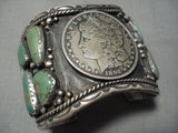 Wide Vintage Native American Navajo Royston Turquoise Sterling Silver Coin Bracelet Old-Nativo Arts