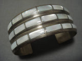 Wide!! Vintage Native American Navajo Squared Pearl Inlay Sterling Silver Bracelet Old-Nativo Arts
