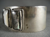 Wide Vintage Navajo Pearl And Abalone Native American Jewelry Silver Bracelet-Nativo Arts