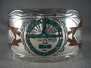 Wide Vintage Navajo Turquoise Coral Native American Jewelry Silver Sun Bracelet-Nativo Arts