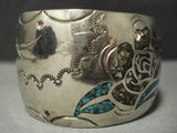 Wide Vintage Navajo Turquoise Pearl Native American Jewelry Silver Bracelet-Nativo Arts