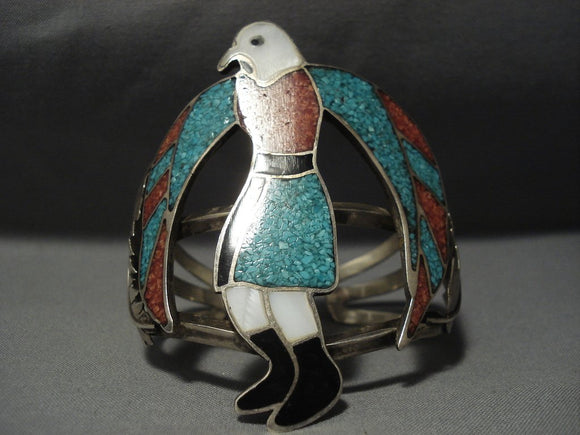 Woah Huge Vintage Zuni/ Navajo Turquoise Coral Native American Jewelry Silver Dancing Kachina Bracelet-Nativo Arts