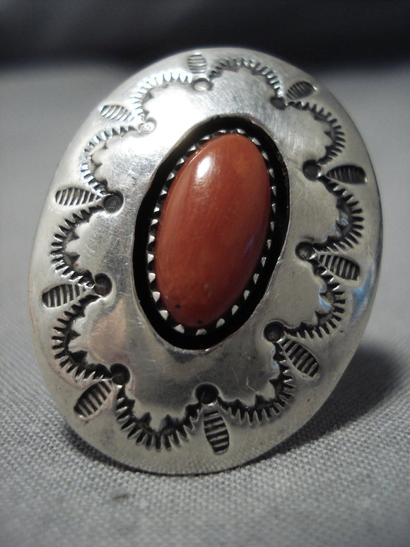 Wonderful Concho Vintage Navajo Coral Sterling Silver Native American Jewelry Ring Old-Nativo Arts