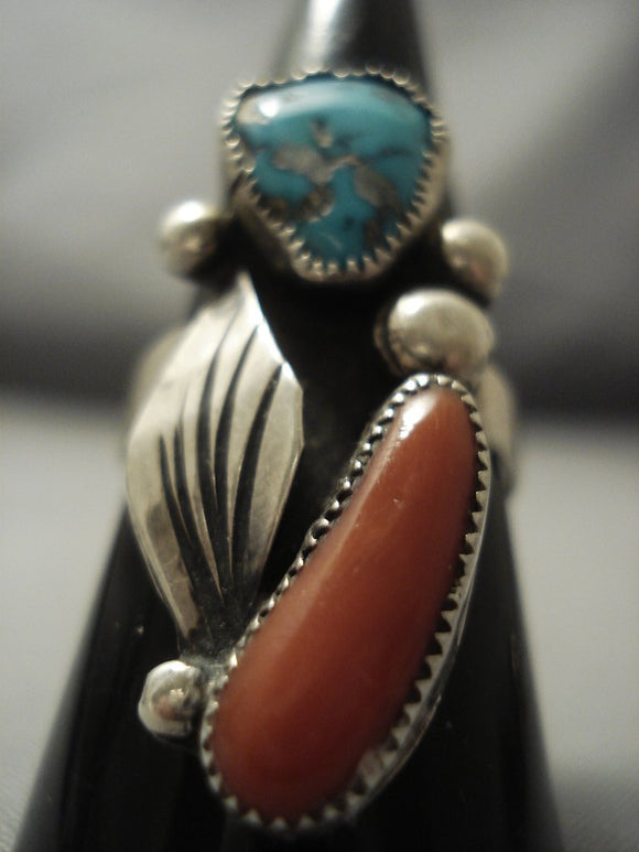 Wonderful Rare Turquoise Persin Coral Sterling Native American Jewelry Silver Ring Old Pawn-Nativo Arts