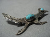 Wonderful Running Roadrunner Vintage Native American Jewelry Navajo Turquoise Sterling Silver Pin Old-Nativo Arts