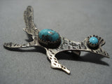 Wonderful Running Roadrunner Vintage Native American Jewelry Navajo Turquoise Sterling Silver Pin Old-Nativo Arts