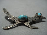 Wonderful Running Roadrunner Vintage Native American Jewelry Navajo Turquoise Sterling Silver Pin Old-Nativo Arts