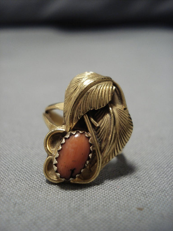 Wonderful Vintage Navajo Gold Coral Sterling Silver Native American Ring Old-Nativo Arts
