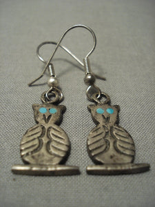 Wonderful! Vintage Navajo Owl Snake Eyes Turquoise Native American Jewelry Silver Earrings-old!-Nativo Arts